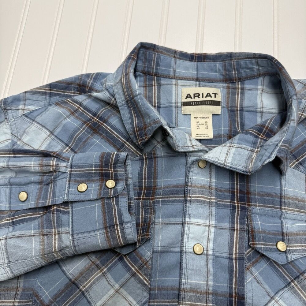 Ariat Men's XL Retro Fit Pearl Snap Blue Plaid Flannel Button Up Shirt